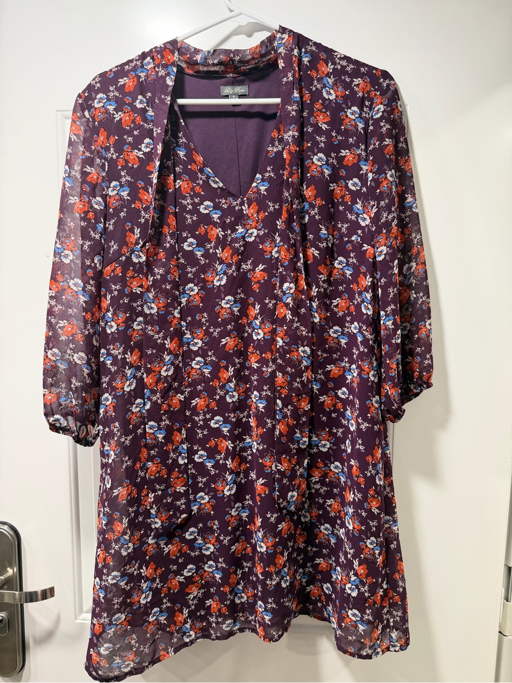 Floral V-Neck Tunic Dress - Purple with Red & Blue Flowers